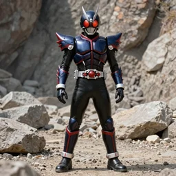 High Fantasy Kamen Rider, single character full body, 4k, glowing eyes in helmet, rock quarry location, daytime, black rubber suit, pvc armor, dark blue with red secondary color dragon inspired segmented armor, ultra realistic, vibrant colors, octane render, in the style of Horizon Zero Dawn, Cinematography