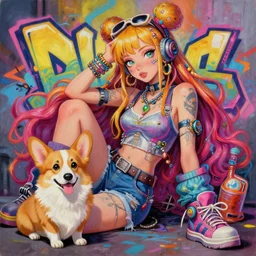 beautiful painting of hiphop solarpunk attractive princess chilling with corgi, by, craig mullins, craig davison. trending on artstation, 8 k, masterpiece, graffiti paint, fine detail, full of color, intricate detail, golden ratio illustration
