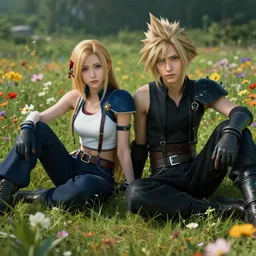 aerith and yuffie from final fantasy 7 remake by tom bagshaw, sitting in a flower field by ilya kuvshinov, rtx reflections, maya, extreme high intricate hyperrealistic details by wlop, digital art by ross tran, medium shot, composition by sana takeda, dramatic lighting by greg rutkowski