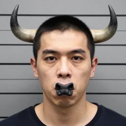 bull headed human, mugshot
