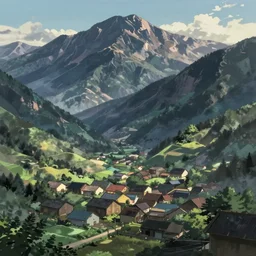 anime! small town in mountain landscape