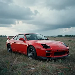 amazing photography work of abandoned red sport car in open field, soft light, cool color palette, dramatic clouds, masterpiece, art work by greg rutsowski, high details, very sharp