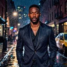 night flash portrait photography of idris elba on a rainy night on the lower east side by annie leibovitz, raining!!!, colorful!!, nighttime!!,