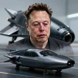 Elon musk looking at his spaceship and crying