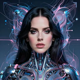 portrait of lana del rey as a cyborg. intricate abstract. intricate artwork cyberpunk by tooth wu, wlop, beeple, dan mumford. octane render, trending on artstation, greg rutkowski ruan jia very coherent symmetrical artwork. cinematic, hyper realism, high detail, octane render, 8 k, key art, blue and pink iridescent accents
