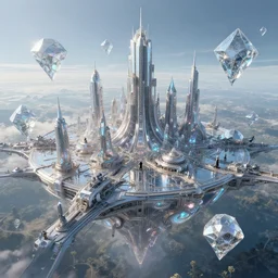 glass in the sky, beautiful landscape, highly detailed, machine planet, buildings, prismatic, alien utopia, metallic surface, diamond trees, advanced technology, nier automata, cinematic lighting, sharp focus, artstation, intricate, masterpiece, art by maria panfilova and dylan kowalski and huifeng huang