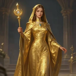 Female cleric, golden robes, fantasy, artstationHD, octane, by artgerm and wlop