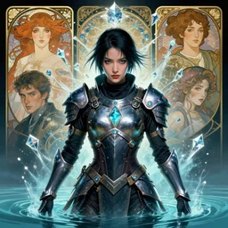 portrait of a young handsome cyberpunk ninja woman wearing a warrior armor, emerging from the water, fantasy, regal, fractal crystal, fractal gems, by stanley artgerm lau, greg rutkowski, thomas kindkade, alphonse mucha, loish, norman rockwell.