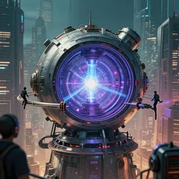teleportation machine in a cyberpunk world, with people using it to travel the city, the machine is a large metal contraption with plasma energy in the center by thomas kinkaid