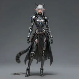 beautiful female cyborg cyberpunk dark fantasy elf - catgirl character full - length image, concept art futuristic norse, anime art, intricate details, highly detailed photorealistic portrait in the style of adam hughes, seseon yoon, artgerm and warren louw