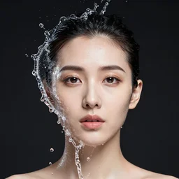 portrait photograph of a splash of water on the face. studio lighting. high shutter speed. pure focus. high quality.
