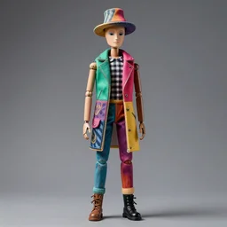 full size tall ball - jointed human doll by jim burns, weird high fashion colorful clothes!, beautiful detailed face!, interesting hat!, unique design, strange surreal extravagant clothes, fashion photography, reference sheet, white background