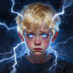 powerful eyes glowing highly detailed painting of deep sadness alone, young blonde boy, fractal electricity surrounding him, expressive emotional sadness piece, trending on art station, abstract emotional sadness expression, very very very beautiful, fantasy digital art