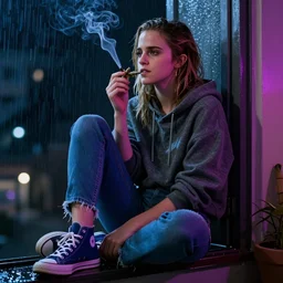 emma watson in jeans and hoodie smoking weed sitting on the balcony at night neon and rainy theme atmosphere by Jerome Opeña trending on artstation
