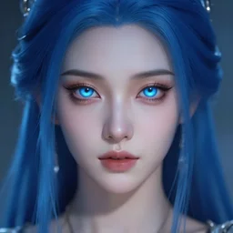perfectly - centered close - up face - portrait of glowing - eyed demoness with blue hair, the perfect human female specimen, intricate, elegant, super highly detailed, professional digital painting, artstation, concept art, smooth, sharp focus, no blur, no dof, extreme illustration, unreal engine 5, 8 k, by anne stokes