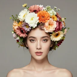 beautiful woman with a head made from a bouquet of flowers