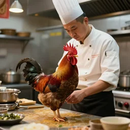 photo of a rooster working as a chef in a chinese restaurant kitchens