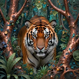 tiger hiding in jungle staring, by fiona staples and dustin nguyen, peter elson, alan bean, wangechi mutu, metallic colors, fractals, deepdream, oxidized copper, led light, highly detailed and intricate, psychedelic, sharp focus,