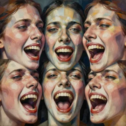 close up of twisting mouths full of pain, pleasure, fear, love, joy and agony. detailed abstract painting by josef albers, by mc escher, japanese popsirrealism, cubism, surrealist master, three fates