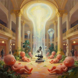 upshot minimalist oil painting by donato giancola, chris foss, maschinen krieger victorian shopping mall courtyard garden fetuses dramatic perspective organic laboratory with giant bright translucent bioluminescent microscopy, gigantic pillars, beeple, the matrix, star wars, ilm, star citizen, mass effect,, warm coloured, artstation, atmospheric perspective