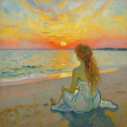 nymph sitting by the beach looking at the sunset. painted by Vincent Van Gogh