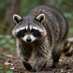 big raccoon walks in the woods, closeup, trending on artstation, 50mm, by Noah Bradley
