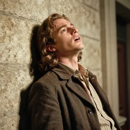 Still of a color movie set in the 1930s where a young man with long hair is backed against a stone wall looking utterly panicked and distressed