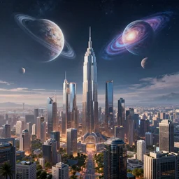 in a futuristic city with planets and galaxies in the sky, 4k, HDR, award-winning, landscape, octane render, artstation