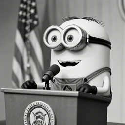 a minion from despicable me ( 2 0 1 0 ) as the president of the united states giving a political speech in a lectern, black and white photography, 1 9 6 0 s, historical, high quality