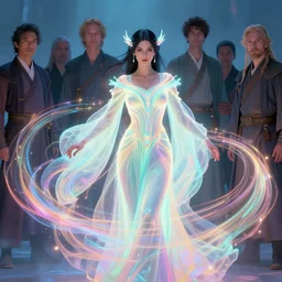 asymmetric action portrait, medium shot, maya ali wind sorcerer, luminescent, fantasy robe, art nouveau, colorful swirly magic ripples, unreal engine, smooth, pastel colours, by greg manchess, huang guangjian, gil elvgren, sachin teng, greg rutkowski, jesper ejsing, ilya kuvshinov
