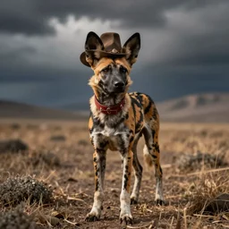 A Wild West photo of the world's greatest showman: the african painted dog dressed in a hat!