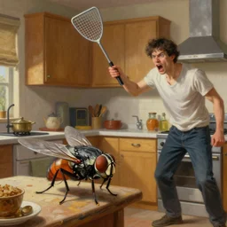 Hyperrealism painting of the world from the perspective of a housefly getting chased through the kitchen by an angry human with a fly swatter