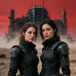 cinestill 5 0 d photographic portrait of two loving female androids wearing rugged black techwear on a desolate plain with a red sky in front of a brutalist dark metal facility, extreme closeup, cyberpunk style, dust storm, 8 k, hd, high resolution, 3 5 mm, f / 3 2, ultra realistic faces, ex machina