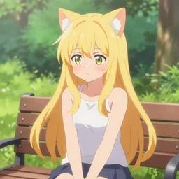 picture of an anime girl with cat ears and long blond hair looking to her side, sitting on a bench with a park behind her, bokeh, anime art style, highly detailed, cartoon, cel - shaded, colorful, animated, trending