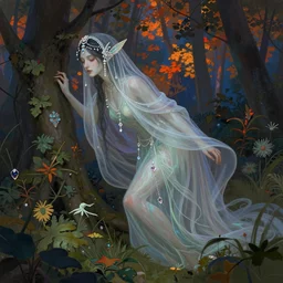 concept art of an androgynous fairy, sneaking through a forest at twilight, diaphanous robes and shawl and veil, pale skin, long dark hair, lush flora, vibrant autumn forest background, elaborate crystal jewelry, artstation, ilya kuvshinov, alphonse mucha, conrad roset, ruan jia, greg rutkowski,