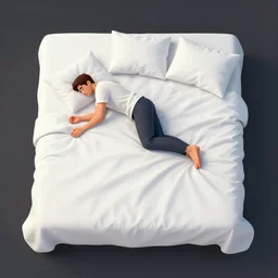 a very huge bed, empty, white wrinkled sheets, on which a man is floating, sleeping on his side, aerial view, llustration, 8 k, sharp focus, studio light, trending on artstation