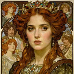 realistic detailed face portrait of Jennifer Connelly as a beautiful young medieval queen by Alphonse Mucha, Ayami Kojima, Amano, Charlie Bowater, Karol Bak, Greg Hildebrandt, Jean Delville, and Mark Brooks, Art Nouveau, Gothic Revival, Pre-Raphaelite, Neo-Gothic, gothic, rich deep moody colors