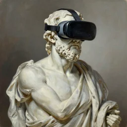 a statue of socrates wearing a virtual reality headset, oil painting