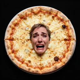 studio portrait of a cheese pizza, a crying human head poking through the center, soft lighting, sharp focus, highly symmetrical, black background, masterpiece, by annie leibovitz, caroline losse, mauro turatti, david lachapelle