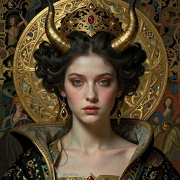 detailed realistic beautiful young the devil of nanotechnology queen face portrait of chinese mythology by jean delville, john william waterhouse, gustav klimt, and marco mazzoni, art nouveau, symbolist, visionary, gothic, preraphaelite, james jean, claude monet, ultrasharp hyperdetailed photorealistic 7 5 mm octane render, ethereal, ornate gothic icon with heavy patina, opulent garments