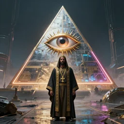freemasonary in front of eye of providence behind ancient sci fi metal neon pyramid in a dystopian place