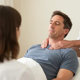 steve carell having relaxed neck massage to relax his neck and he is listening to a friend's belly