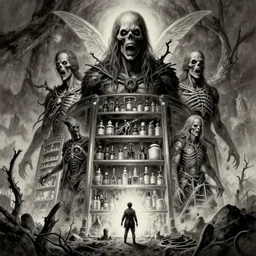 b & w inks of fly out of medical tiers by wayne d barlowe, boris vallejo, geof darrow, stefano tamburini, torch light, muted colors, epic, hyper detailed, awe inspiring, award winning horror, hyper realism, cinematic