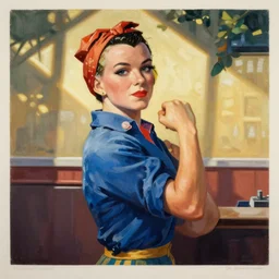 ” a photo of a alicia wikander in style of of norman rockwell painting rosie the riveter ”
