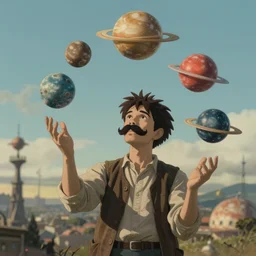 a being with a moustache juggling planets illustration realistic cinematic 3 5 mm depth of field detailed, by zdzisław beksinski and studio ghibli