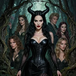 new art nouveau portrait of fantasy succubus maleficent megan fox wearing a leather corset in a magical forest, anna dittmann, moebius, wlop, artgerm, patrick nagle, charlie bowater and loish. long windblown hair, ultrasharp focus, dramatic lighting, barbwire vine arches, photorealistic digital matte painting, intricate.
