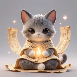 a tiny adorable demonic kitten meditating, wrapped in sacred parchment with glowing text, smooth, intricate, elegant, digital painting, artstation, power runes, pulsing energy, concept art, sharp focus, octane render, illustration, art by shintaro kago and beeple, overwatch character,