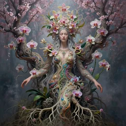 psychedelic organic shaman, made of orchids and cherry blossom trees and roots, diffuse lighting, fantasy, intricate, subconscious, highly detailed, photorealistic, digital painting, artstation, beautiful woman, concept art, smooth, sharp focus, by john collier and albert aublet, by amanda sage