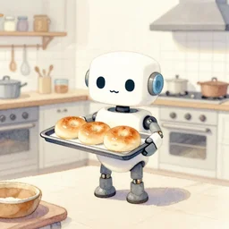 a cute little robot in the kitchen baking bagels, holding a tray of bagels, watercolor painting by jean - baptiste monge, muted colors