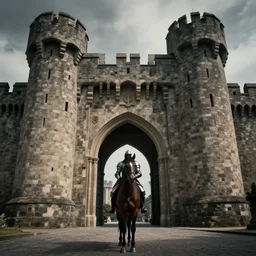 knight on his horse standing in front of a huge medieval castle gate, brutalist architecture, dramatic lighting, cinematic, establishing shot, extremly high detail, foto realistic, cinematic lighting, post processed, concept art, artstation, matte painting, style by eddie mendoza, raphael lacoste, alex ross
